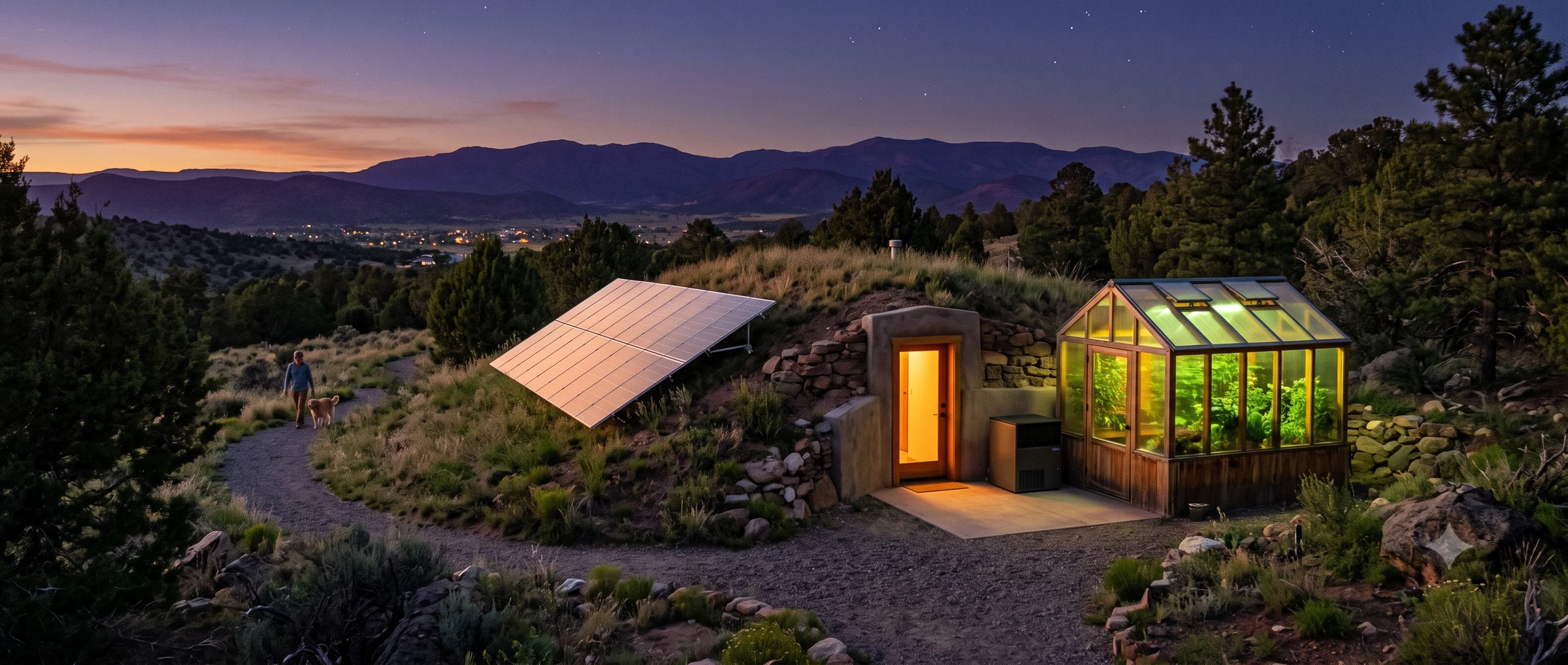 Concept illustration of an earth-bermed, solar-assisted Grounded Compute reference site at dusk in generic high-desert terrain. Illustrative design target, not an existing facility.