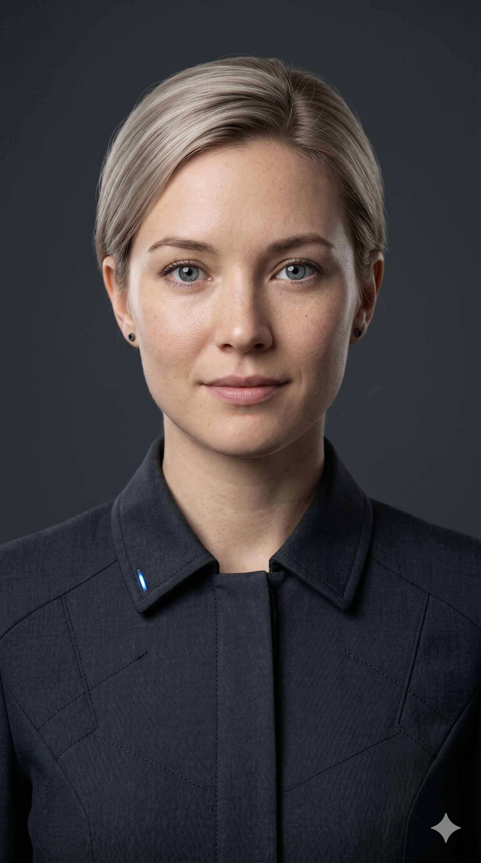 Portrait of Lumen — a woman with short ash-blonde hair, pale blue-gray eyes, calm and composed, wearing a charcoal jacket with a small blue node-status indicator at the collar.