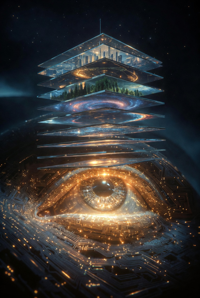 A great eye of golden light observing layered dimensions above it
